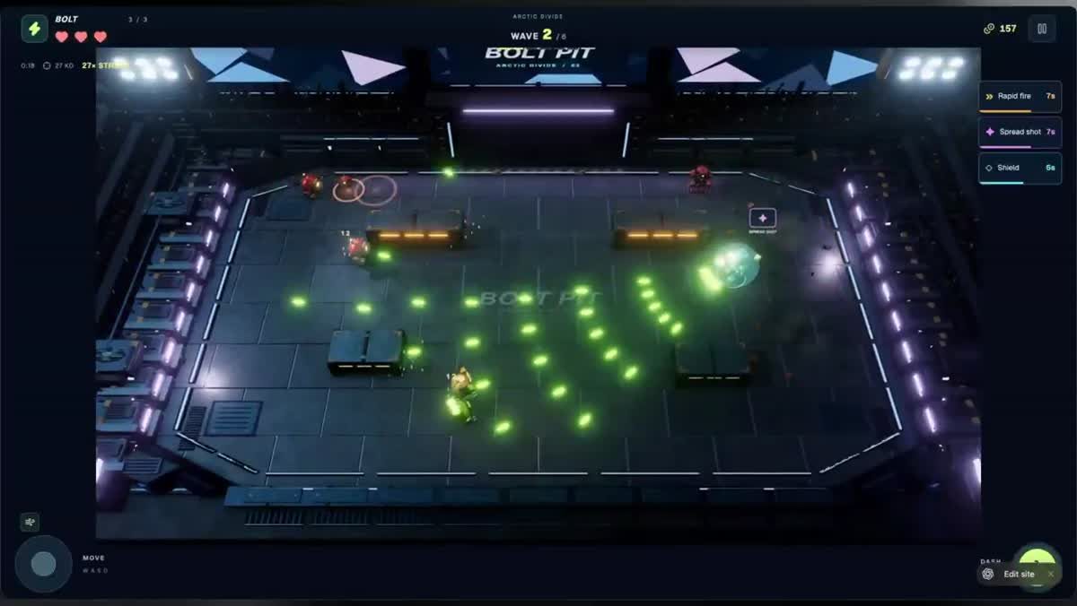 Claude Codeで作ったThree.jsのアリーナシューター『Bolt Pit』がCrazyGamesで公開（Xの投稿サムネイル）