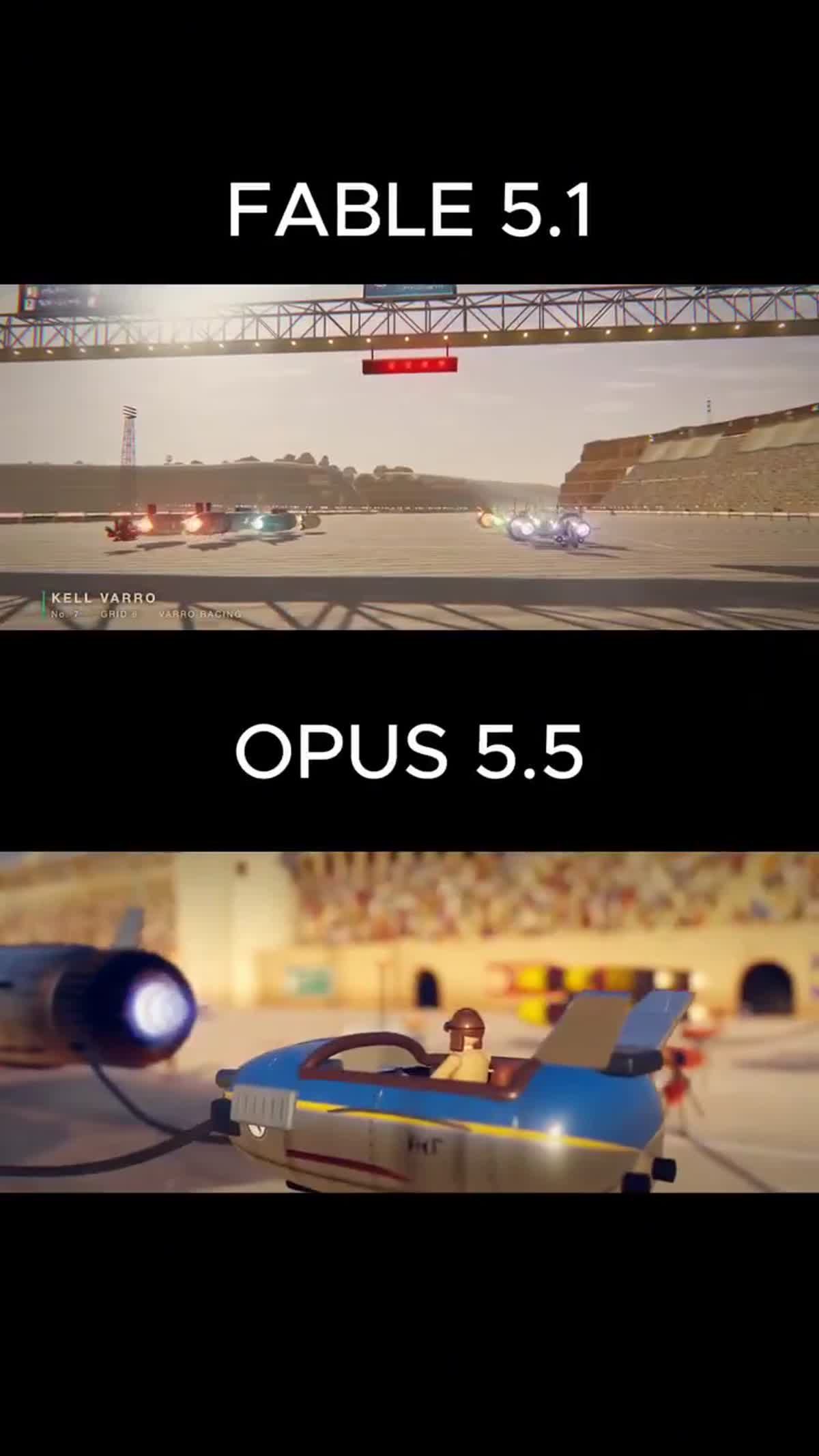 砂漠の峡谷を駆け抜けるポッドレース――Claude Fable 5.1とOpus 5.5がブラウザで作り比べ（Xの投稿サムネイル）